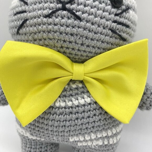 Handmade Crochet Cat Grey Kitty Yellow Bow Tie Doll Cat Stuffed Animal Gift - Picture 3 of 7